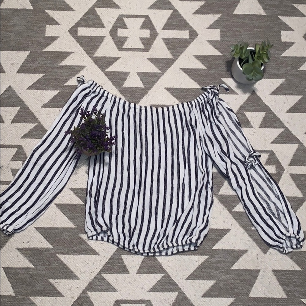 White and blue striped off the shoulder shirt